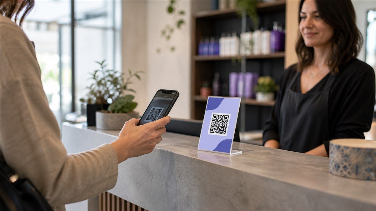 Customer scanning an appointment booking QR code at a salon reception desk