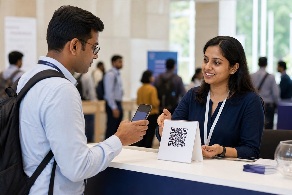 Event attendee scanning a QR code at a staffed conference registration and check-in desk