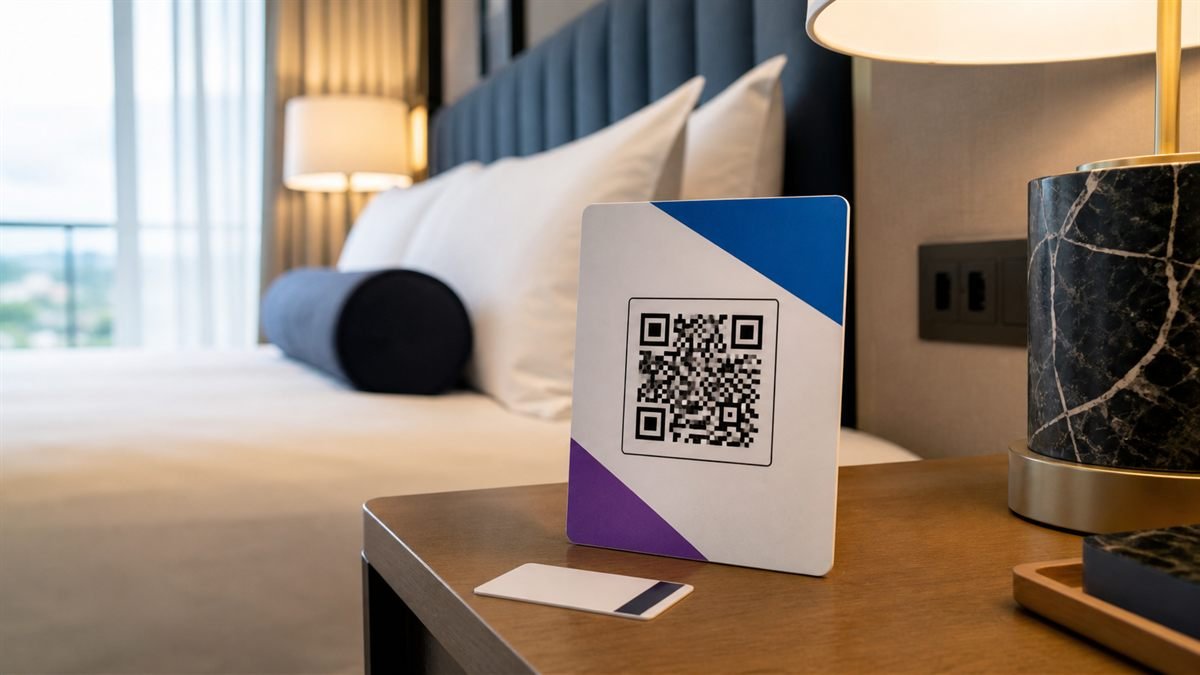 QR guest information card beside a hotel key card in a welcoming room