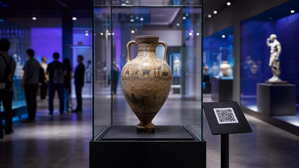 Museum visitor scanning a QR code beside an exhibit label in a gallery
