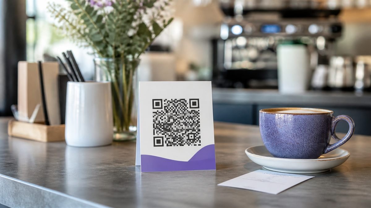 Customer feedback QR card on a cafe counter beside a coffee cup