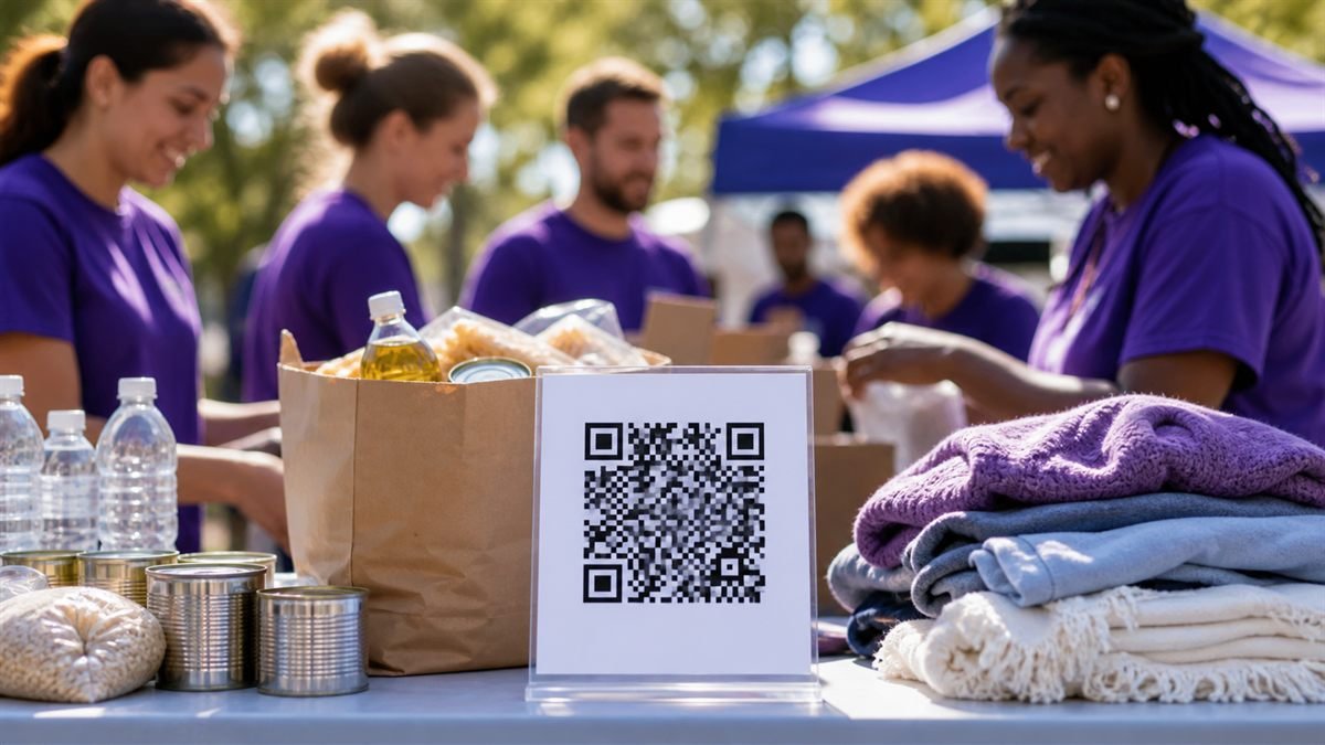 QR donation sign at a welcoming community charity event