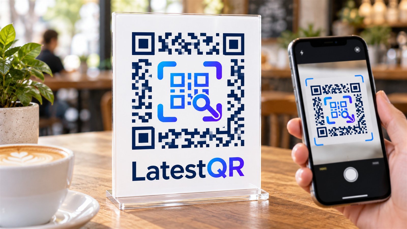 Full HD LatestQR branded QR code sign with the complete LatestQR logo centered inside the code