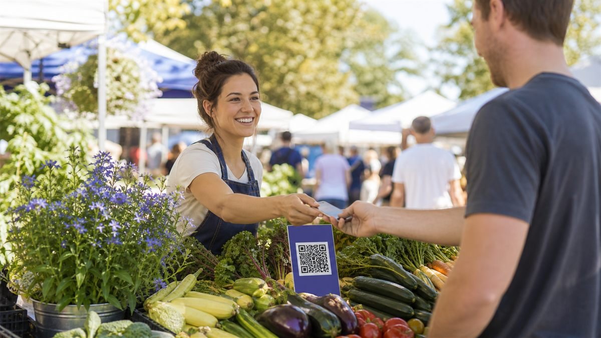 QR information and payment card at a colourful farmers market stall