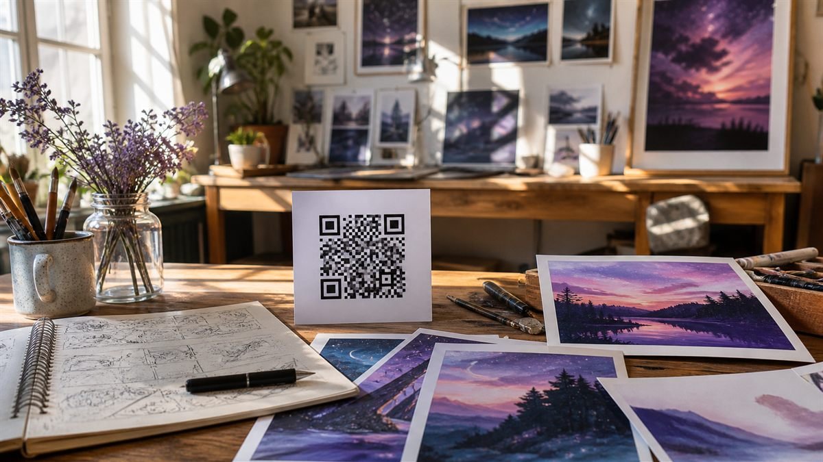 Artist workspace with portfolio prints and a QR portfolio card