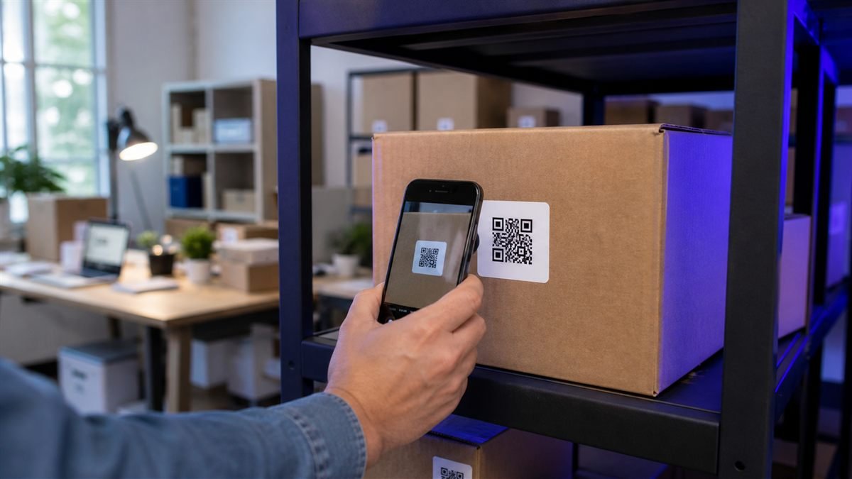 Phone scanning a QR asset label on organized stockroom boxes