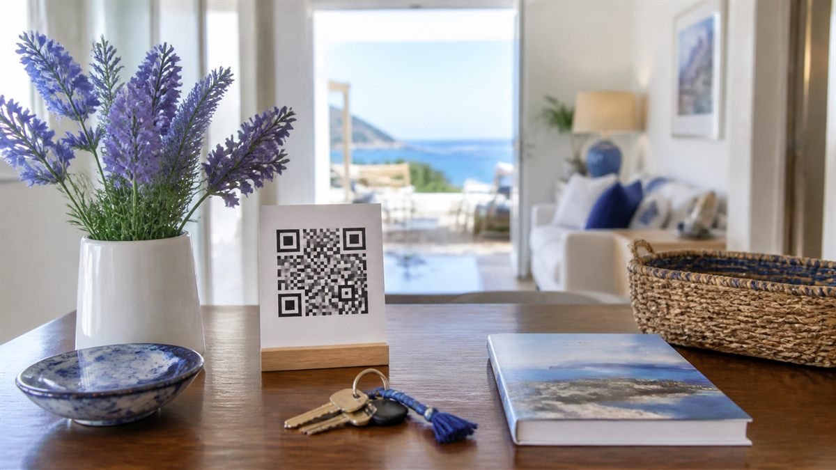Vacation rental entry table with keys and a QR guest guide card