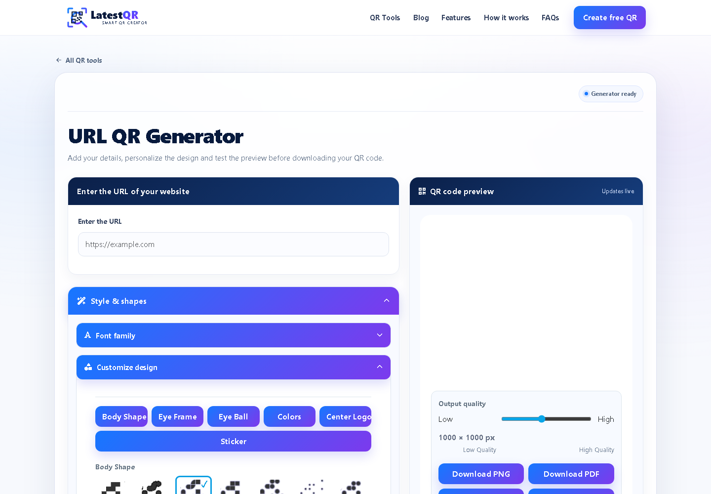 LatestQR URL QR generator showing URL input, design options, preview and quality controls