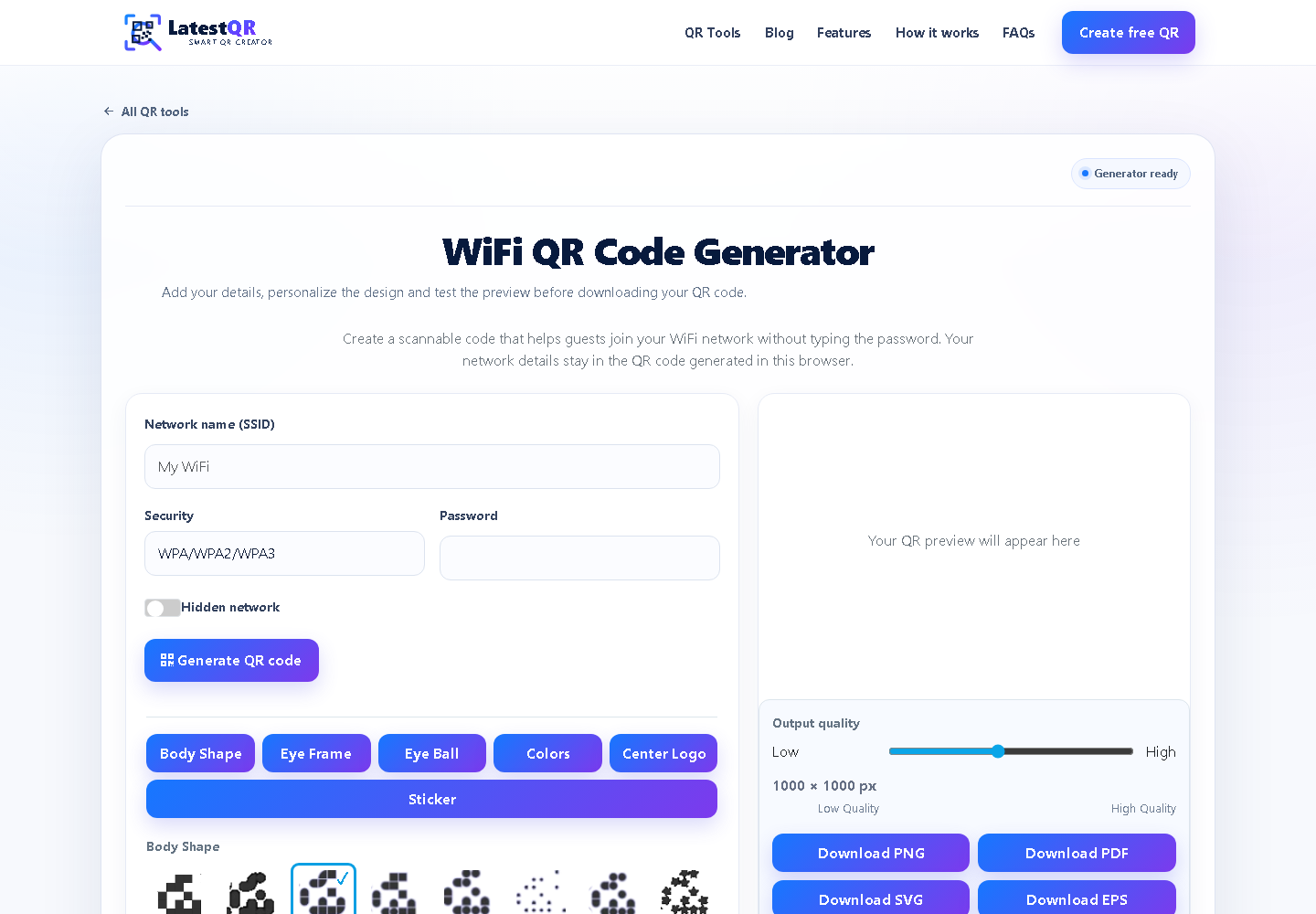LatestQR WiFi QR generator showing network fields, QR preview and download controls