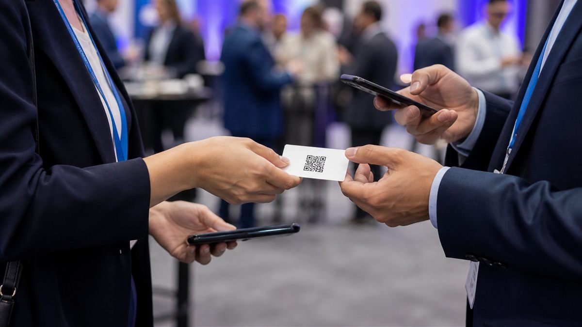 Professionals exchanging a QR business card at a networking event