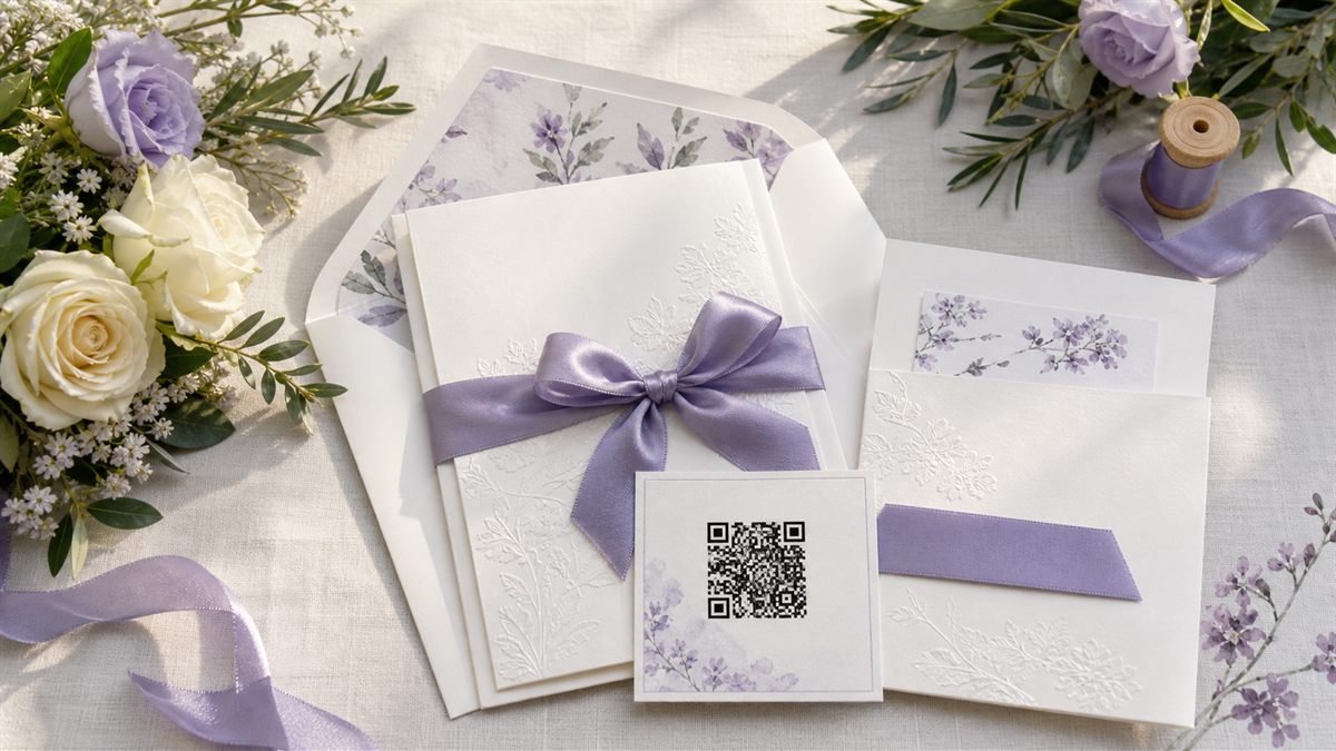 Elegant wedding stationery with flowers and a small QR information card