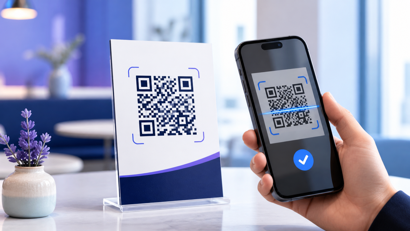 Smartphone scanning a QR code on a tabletop display