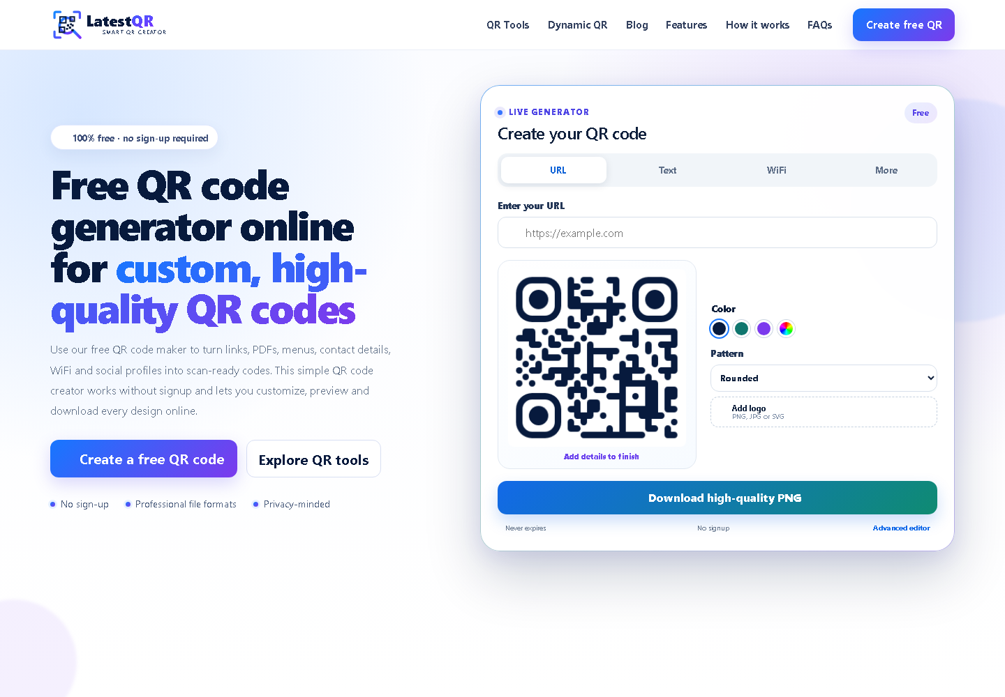 Real screenshot of the LatestQR homepage