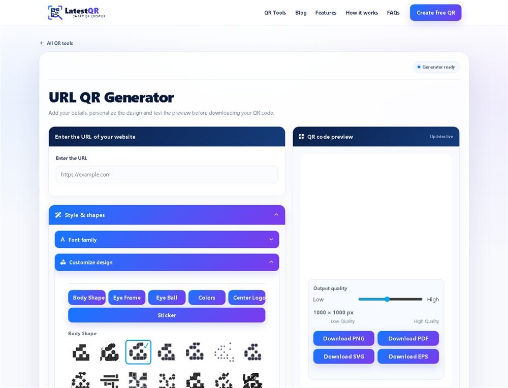 Real screenshot of the LatestQR URL QR Generator