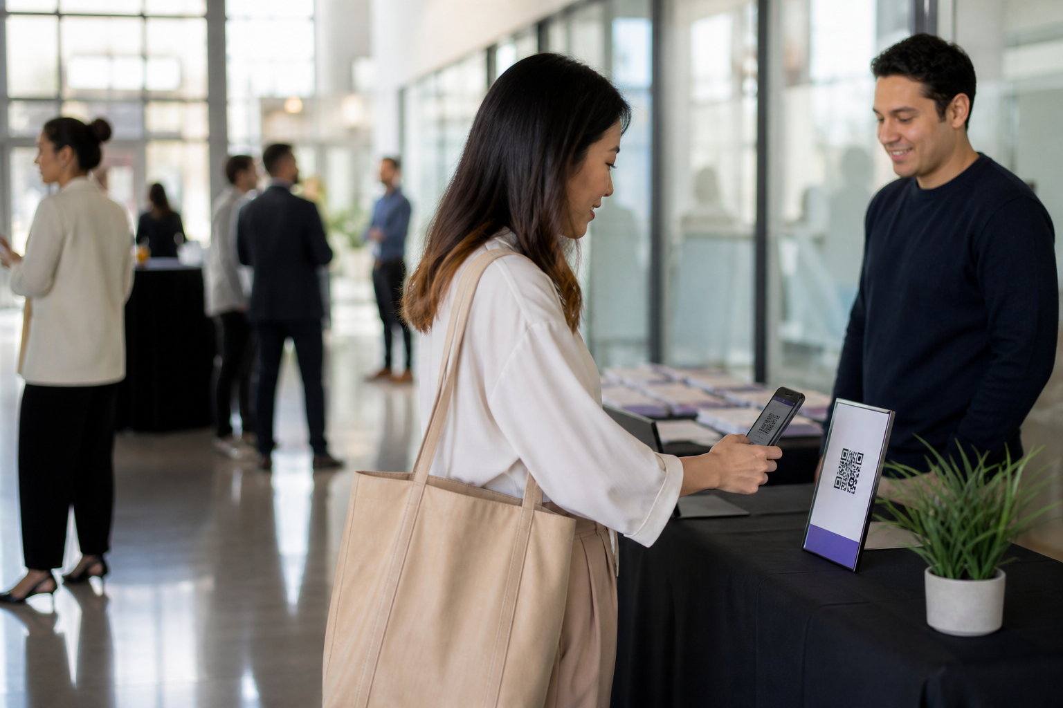 Event staff testing a QR code check-in sign before guests arrive