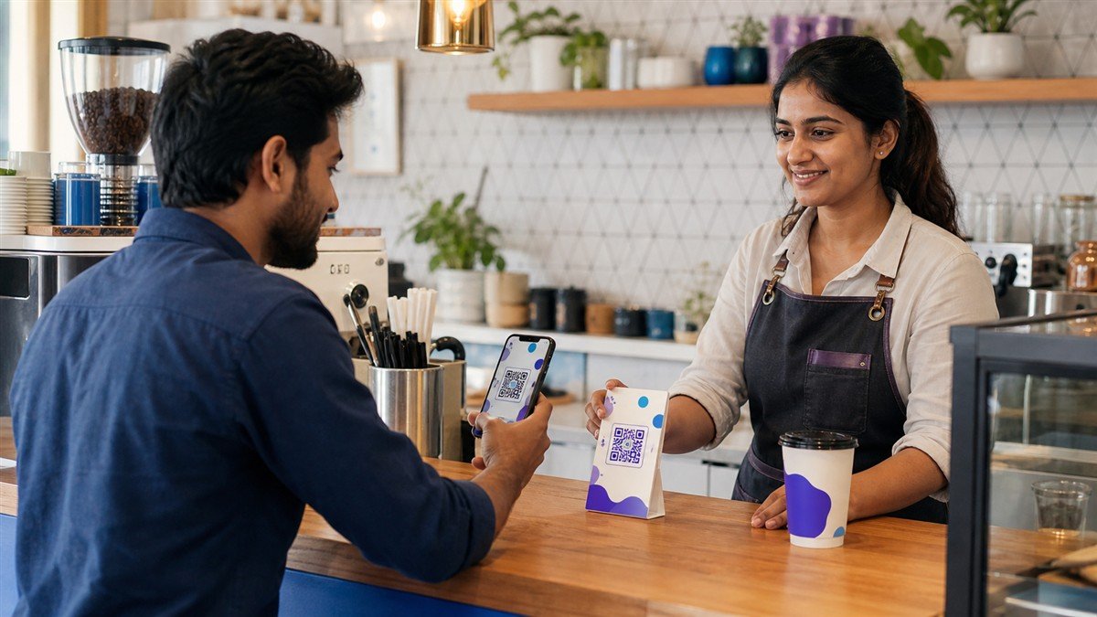 Cafe customer scanning a Google review QR card while the business owner serves an order