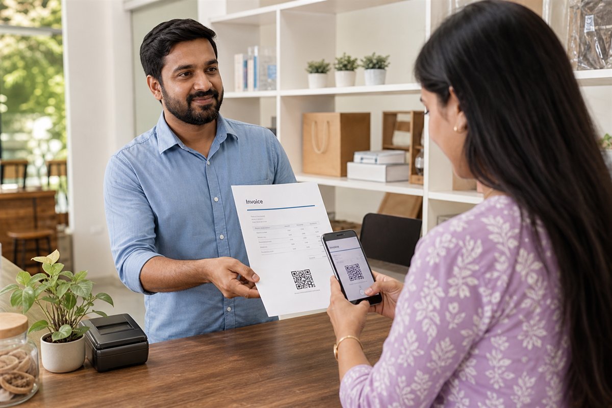 Small business owner handing an invoice with a QR code to a customer who scans it using a smartphone