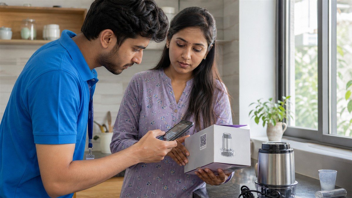 Product support technician helping a customer scan a QR code on appliance packaging for its digital manual