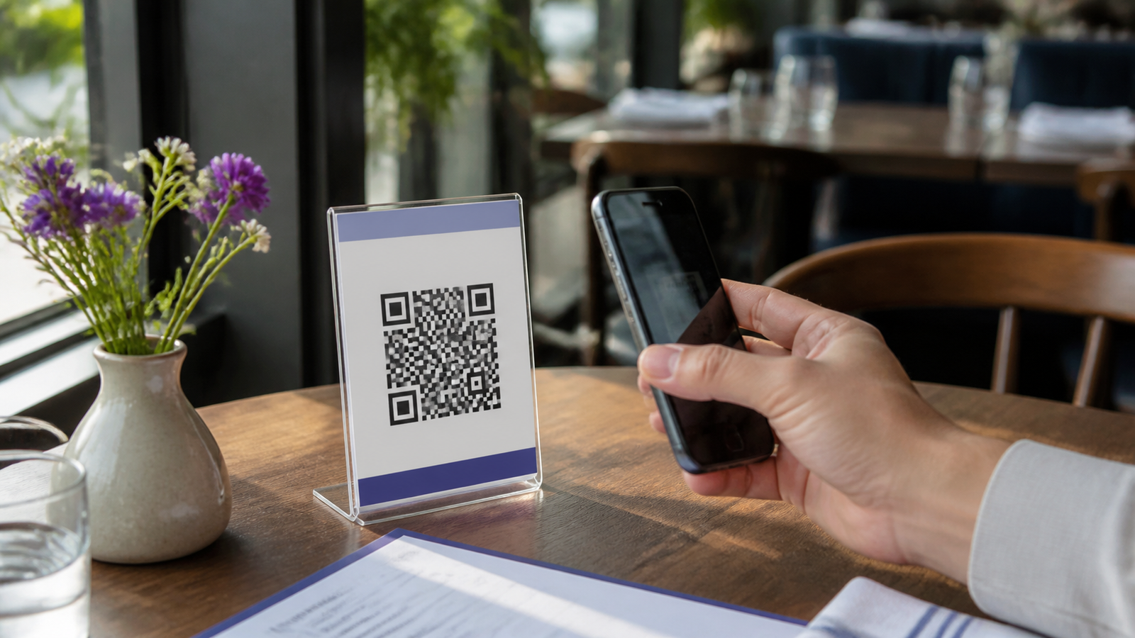 Restaurant table QR code holder being tested with a smartphone in realistic lighting